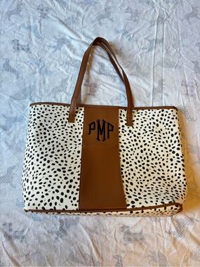 Brown and White Animal-Print Shoulder Tote with Monogram Detail